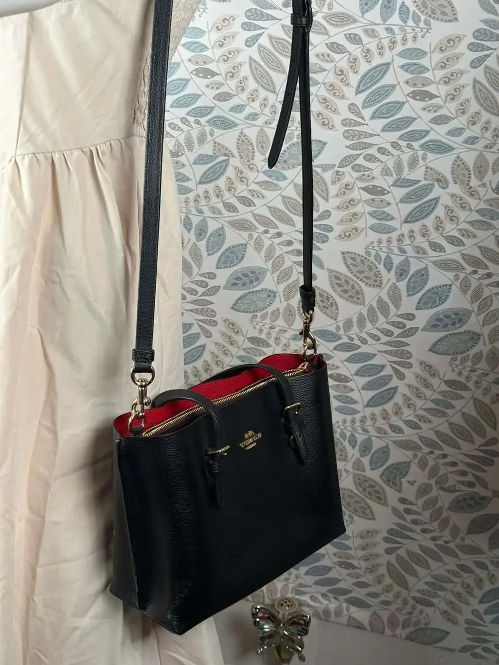Coach Mollie Tote 25 In Black Leather With True Red Interior